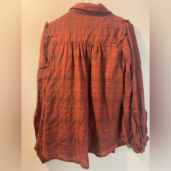 Max Studio Rust Plaid Ruffle Yoke Button-Up Blouse - Picture 14 of 16